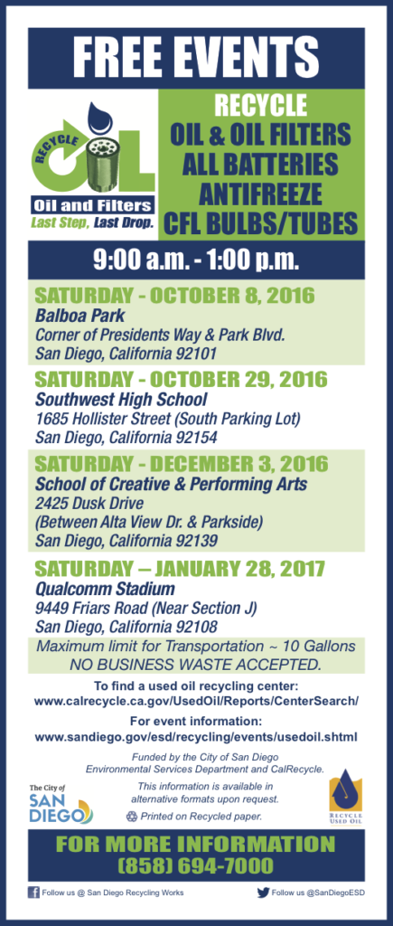 Free Event in San Diego Recycle Oil, Filters