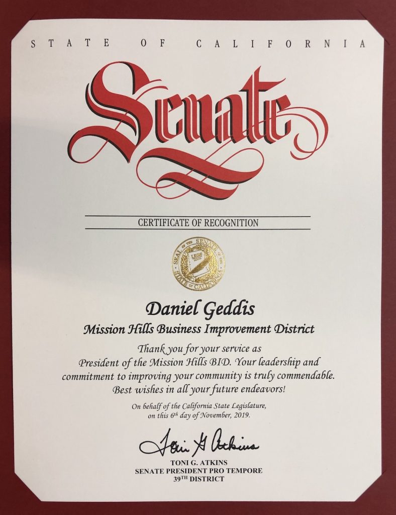 Certificate of Recognition from Senate President pro tempore Toni Atkins to Daniel Geddis