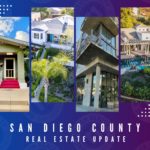 Photo collage showing four properties in San Diego County. Includes the text San Diego County Real Estate Update